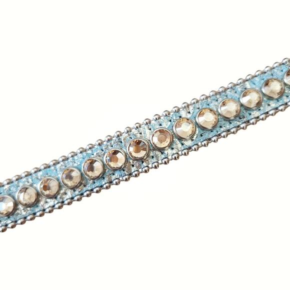 B.B. SIMON Alegra leather skinny Swarovski Crystal skinny belt blue metallic L - Picture 4 of 7